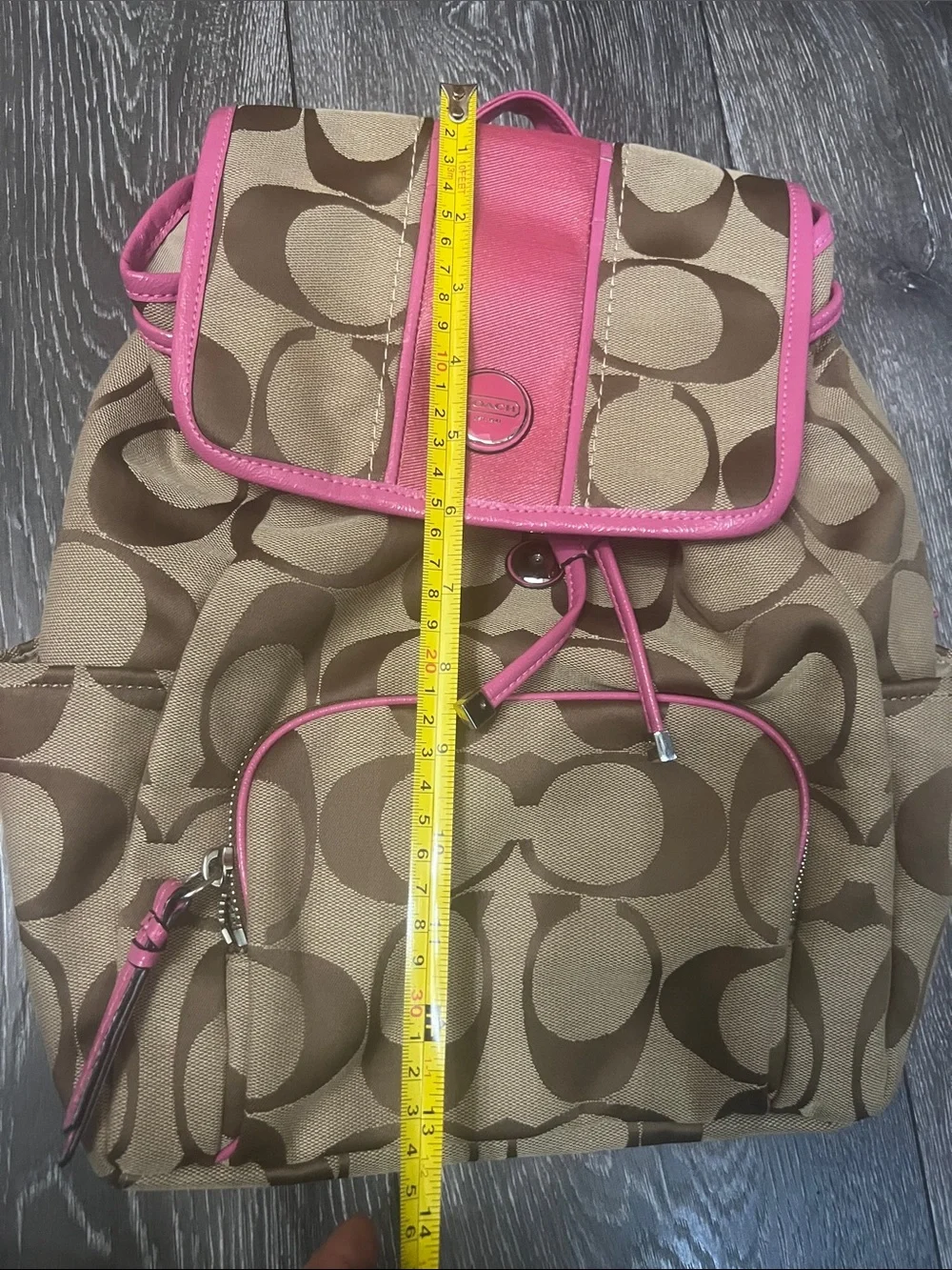 Coach Brown Signature Canvas Backpack with Pink Trim